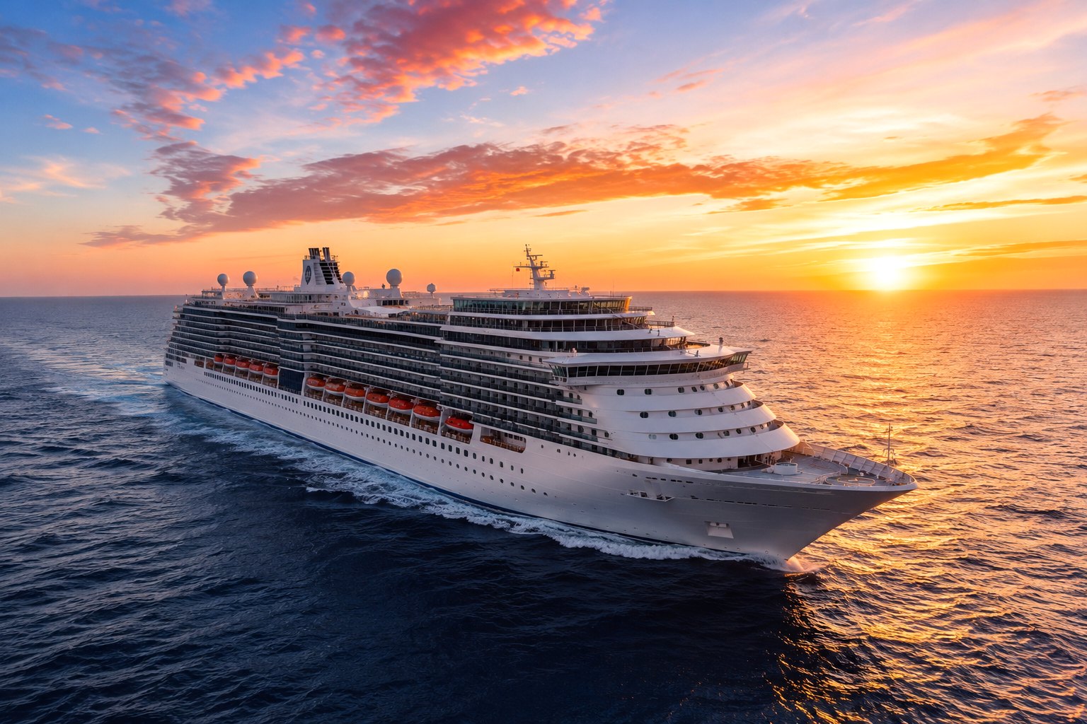 Crucero navegando al atardecer en mar abierto